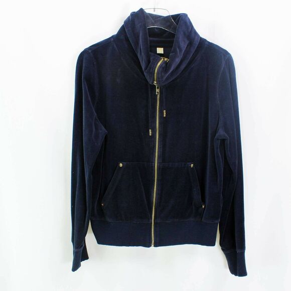 Michael Kors Womens Velvet Jacket Blue Front Zipper Pockets Drawstring - Picture 1 of 9